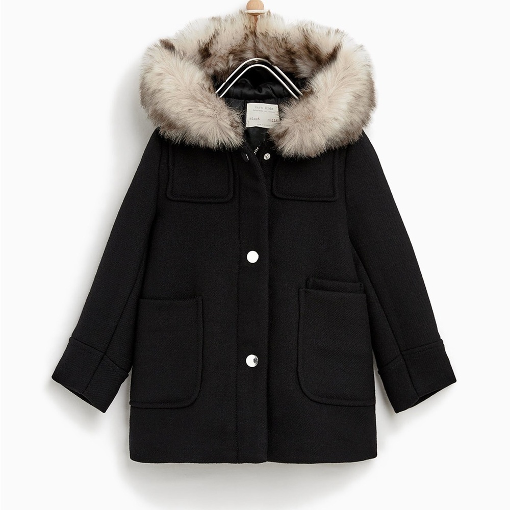 Zara girls Black Coat with Faux Fur Hood wool 13/14Y
